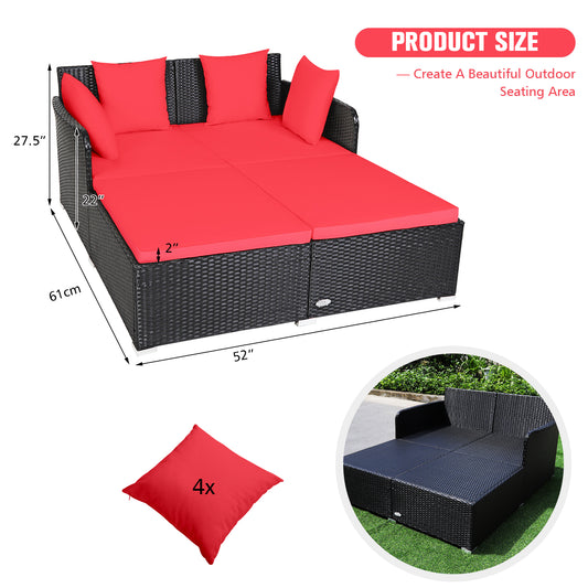 Patiojoy Patio Rattan Daybed with 4 Pillows Cushioned Sofa for Outdoor Beige/Turquoise/Red/Grey/Navy