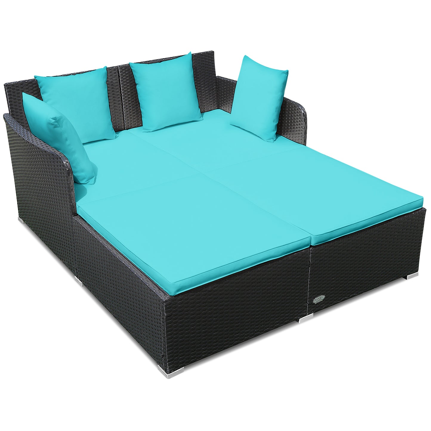 Patiojoy Patio Rattan Daybed with 4 Pillows Cushioned Sofa for Outdoor Beige/Turquoise/Red/Grey/Navy