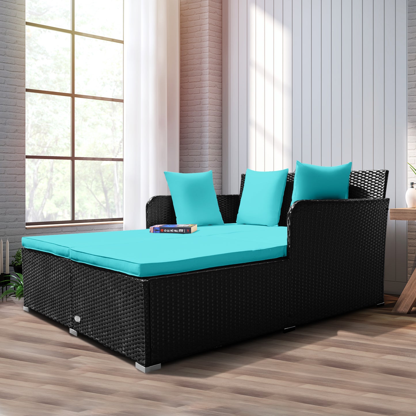 Patiojoy Patio Rattan Daybed with 4 Pillows Cushioned Sofa for Outdoor Beige/Turquoise/Red/Grey/Navy