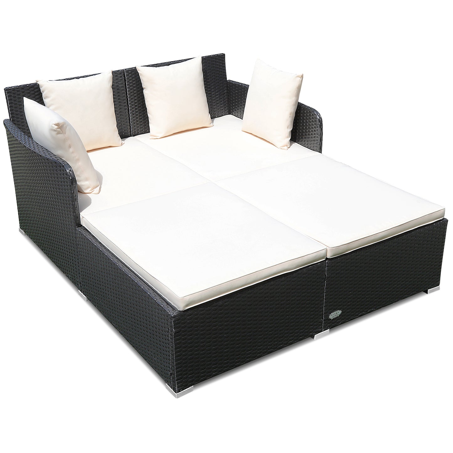 Patiojoy Patio Rattan Daybed with 4 Pillows Cushioned Sofa for Outdoor Beige/Turquoise/Red/Grey/Navy
