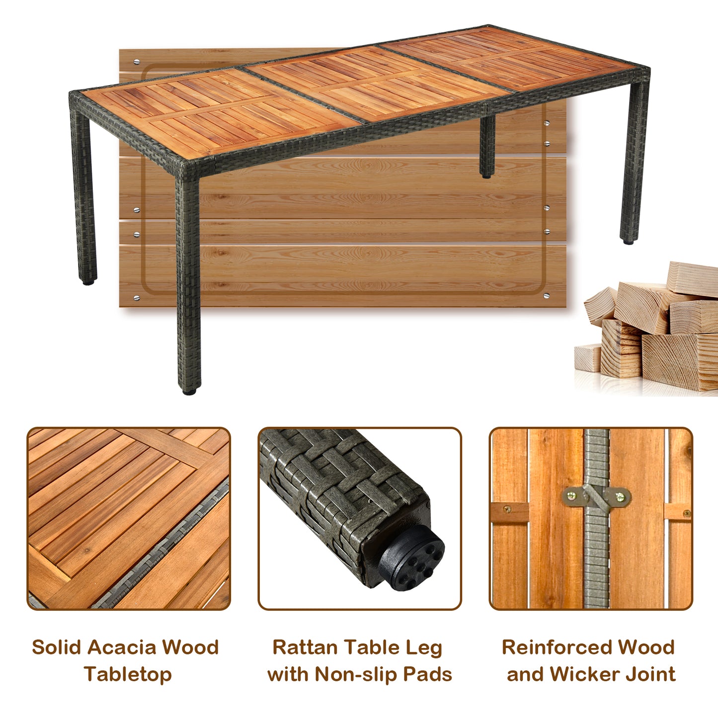 Patiojoy 9PCS Patio Rattan Furniture Dining Set Acacia Wood Table Cushioned Chair for Outdoor