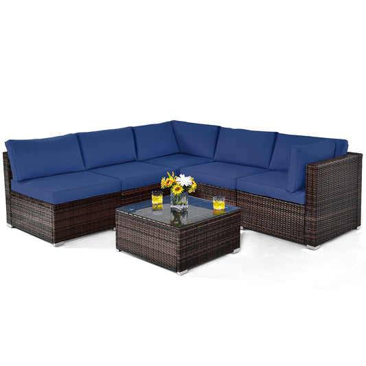 Patiojoy 6PCS Wicker Patio Sectional Conversation Furniture Set with Coffee Table & Seat Cushions Navy/Black/Turquoise/Red