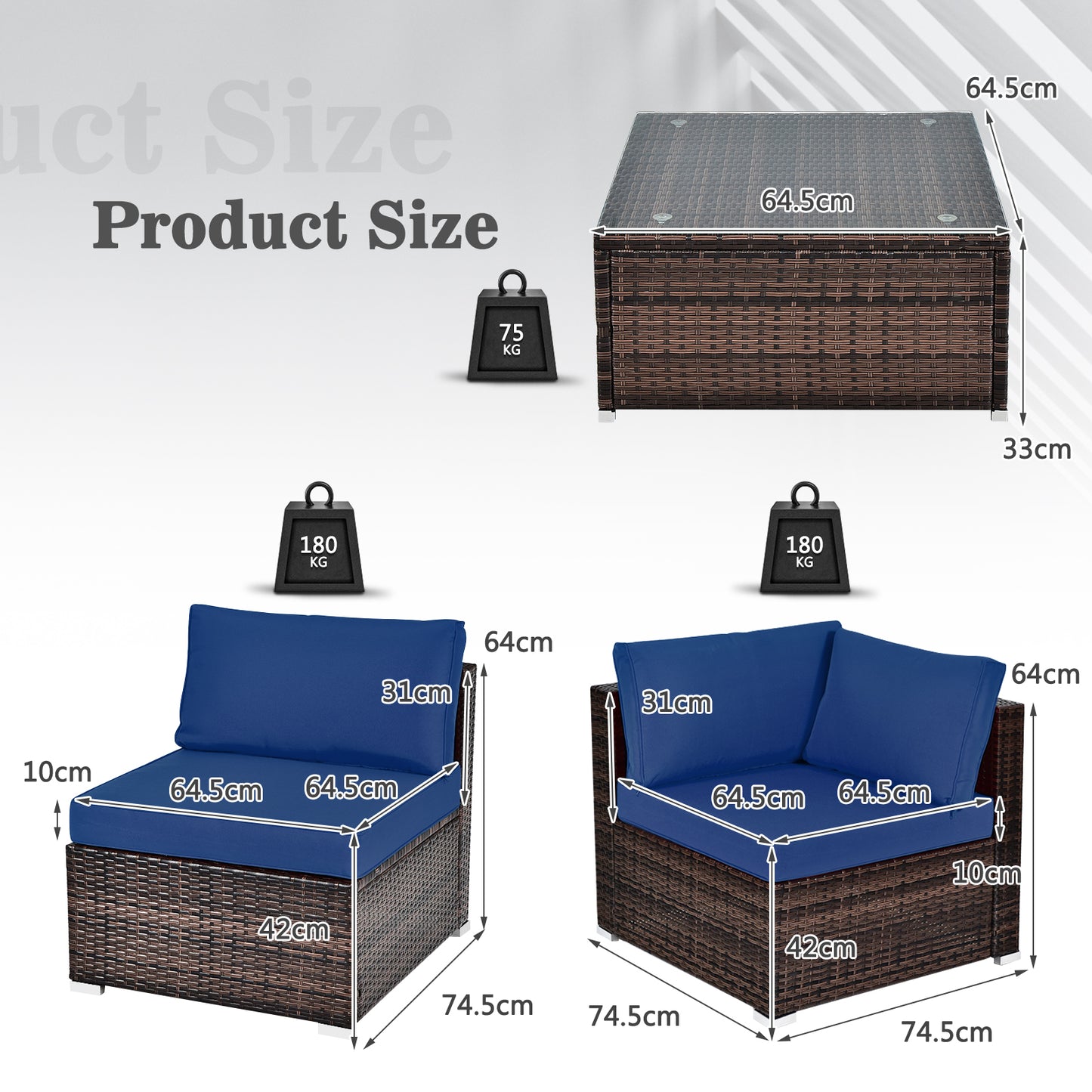 Patiojoy 6PCS Wicker Patio Sectional Conversation Furniture Set with Coffee Table & Seat Cushions Navy/Black/Turquoise/Red