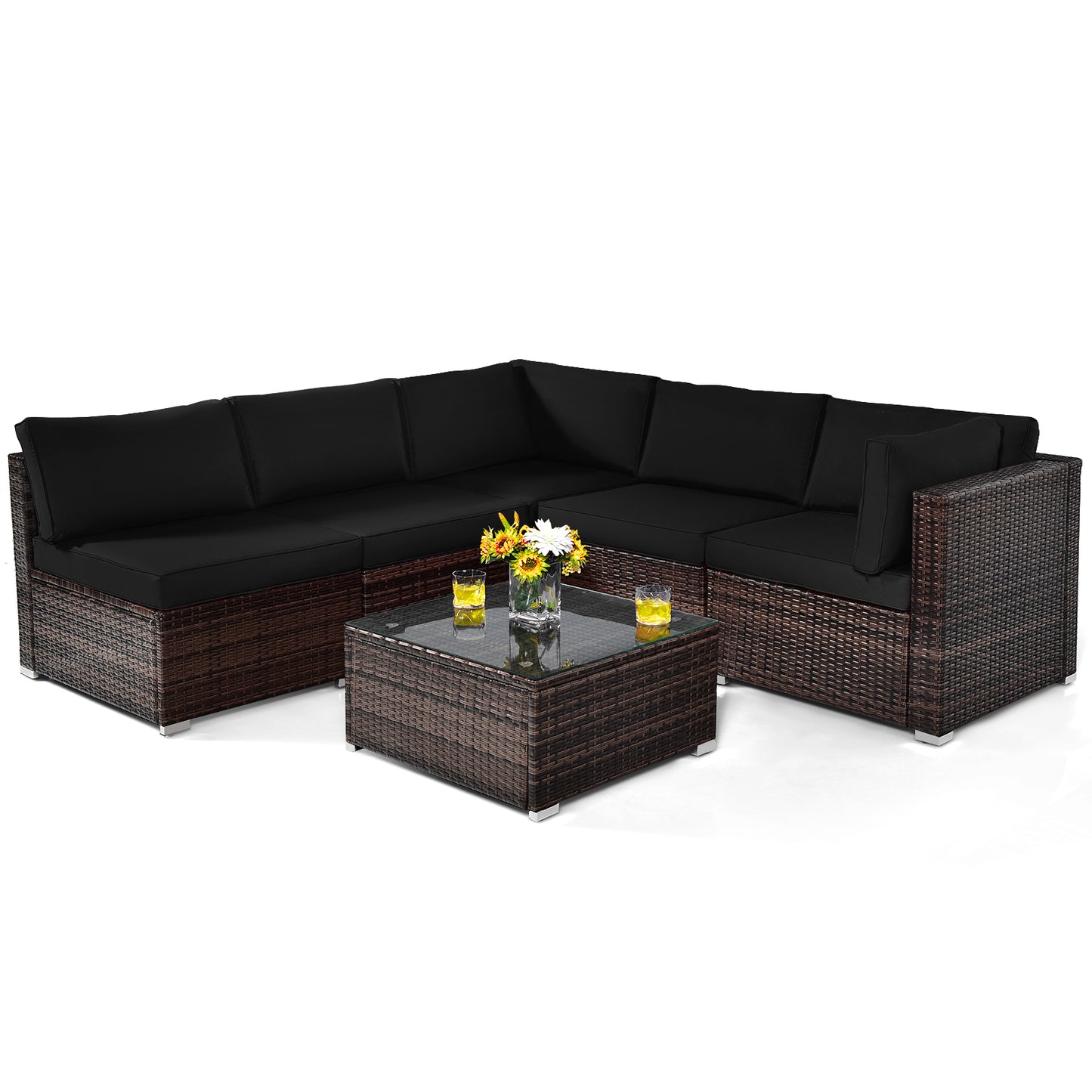 Patiojoy 6PCS Wicker Patio Sectional Conversation Furniture Set with Coffee Table & Seat Cushions Navy/Black/Turquoise/Red
