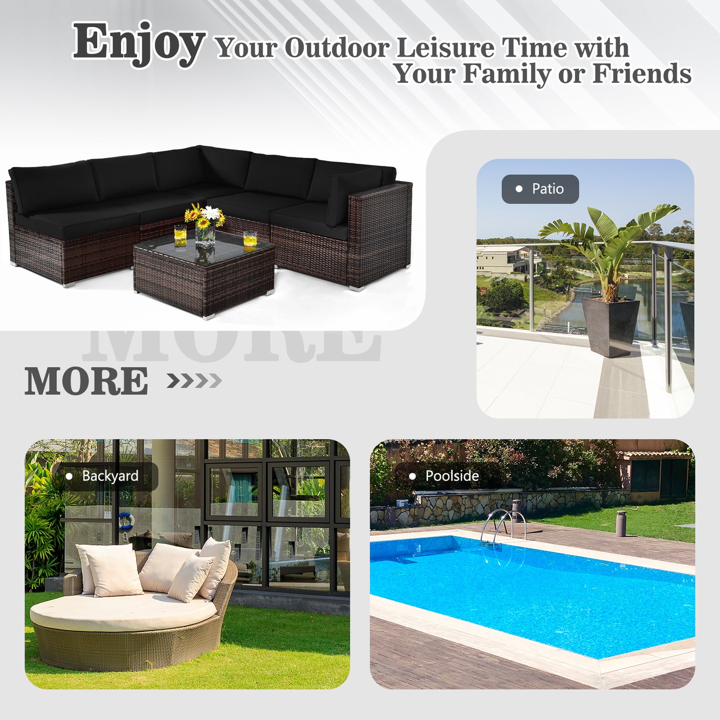 Patiojoy 6PCS Wicker Patio Sectional Conversation Furniture Set with Coffee Table & Seat Cushions Navy/Black/Turquoise/Red