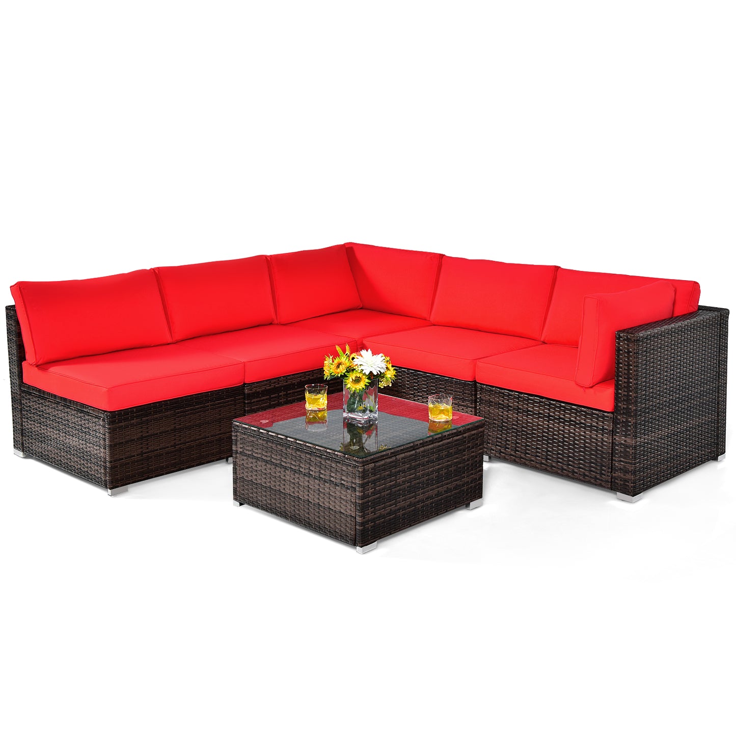 Patiojoy 6PCS Wicker Patio Sectional Conversation Furniture Set with Coffee Table & Seat Cushions Navy/Black/Turquoise/Red