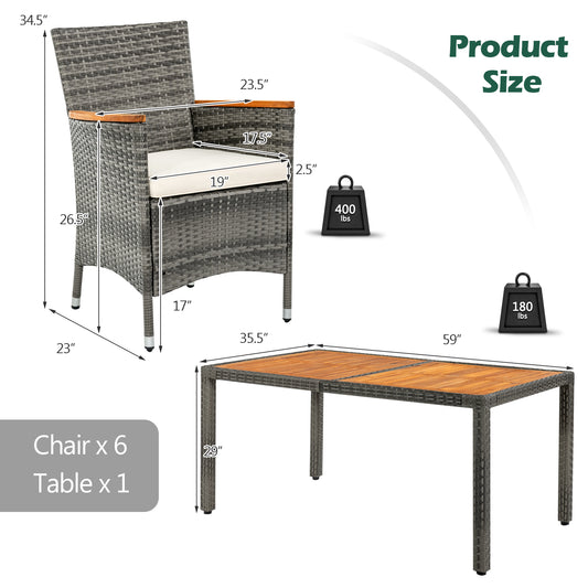 Patiojoy 7PCS Patio Rattan Furniture Set Outdoor Conversation Set w/Cushions Acacia Wood Table