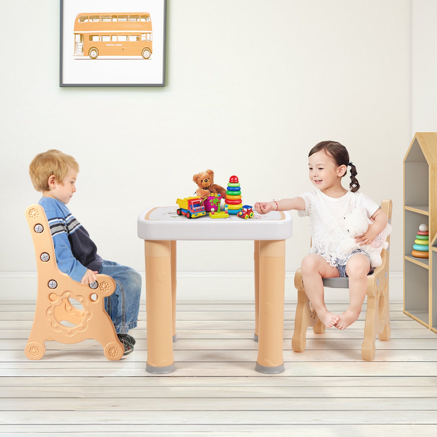 Topbuy Kids Furniture Set Kids Table & Chair Set w/ Practical Drawers Suitable for Enjoying Snack Time & Playing Blue/Natural/Pink