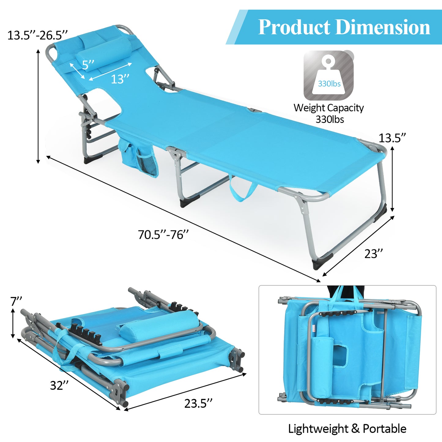 Patiojoy Beach Lounge Chair Reclining Chair with 5 Adjustable Positions Detachable Pillow &Hand Ropes Turquoise/Blue/Gray/Black/Pink/Beige