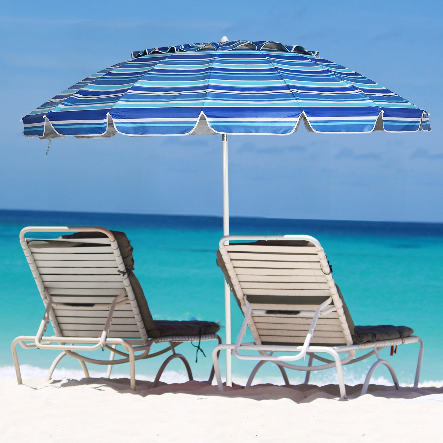 Patiojoy 8 FT Patio Beach Umbrella Sun Shelter w/Sand Anchor & Tilt Air Vent for Garden Beach Backyard Blue/Navy/Rainbow