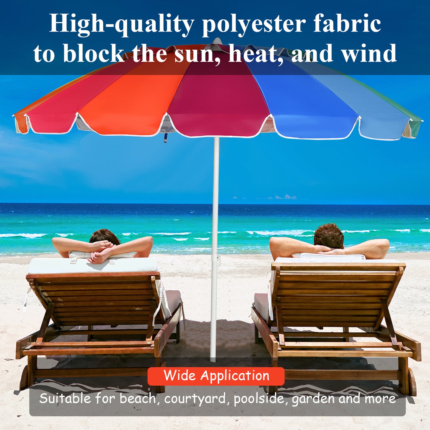 Patiojoy 8 FT Patio Beach Umbrella Sun Shelter w/Sand Anchor & Tilt Air Vent for Garden Beach Backyard Blue/Navy/Rainbow