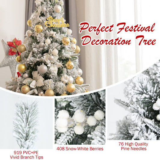 Topbuy Artificial Snow Flocked Christmas Tree 7FT Hinged Christmas Tree W/ 919 Branch Tips