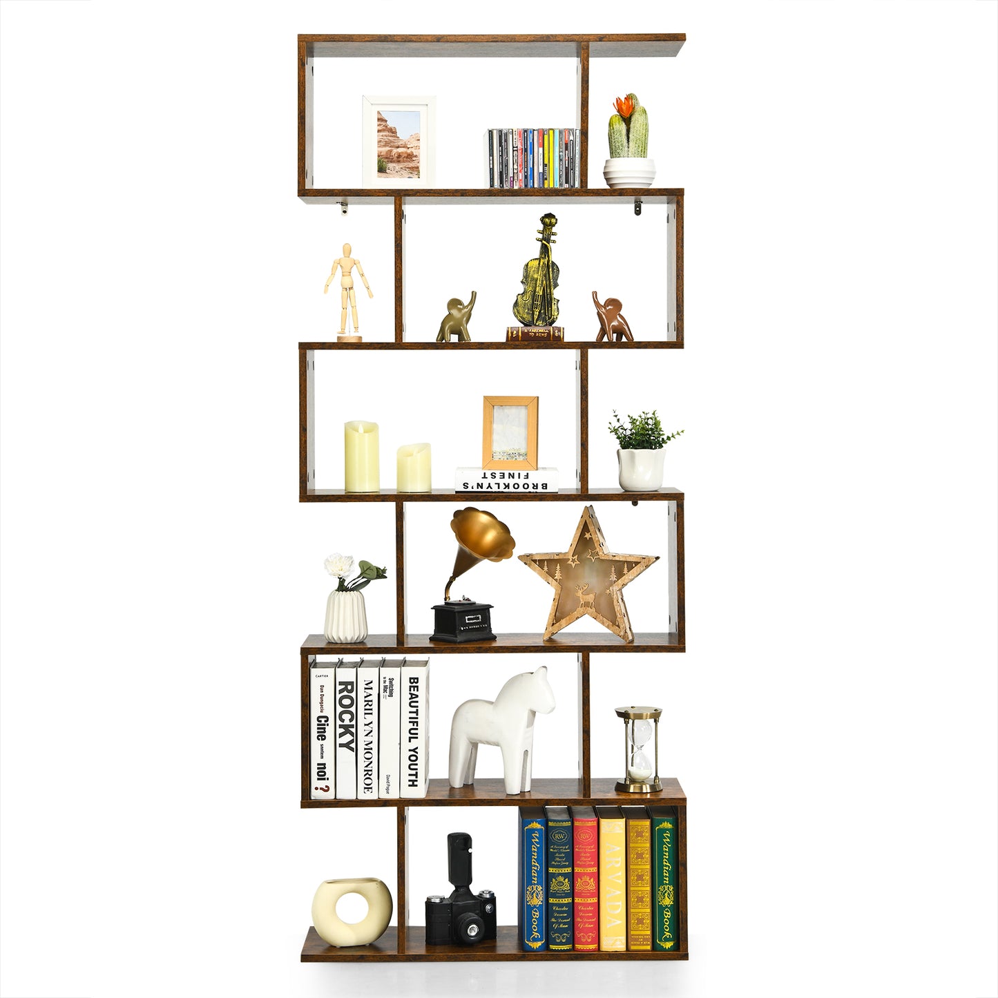 Topbuy 6-Tier S-Shaped Wooden Bookshelf Storage Bookcase Multifunctional  Display Stand Shelf Coffee/White/Black