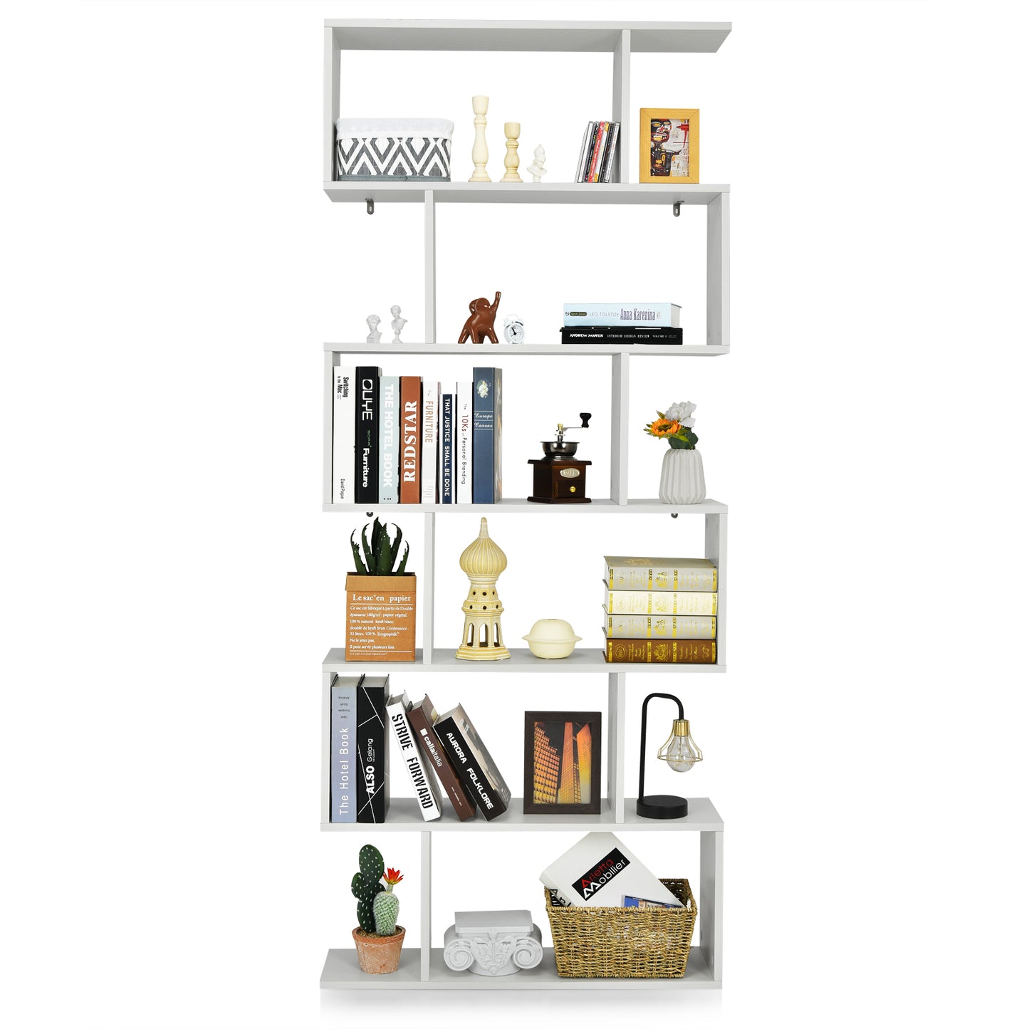 Topbuy 6-Tier S-Shaped Wooden Bookshelf Storage Bookcase Multifunctional  Display Stand Shelf Coffee/White/Black
