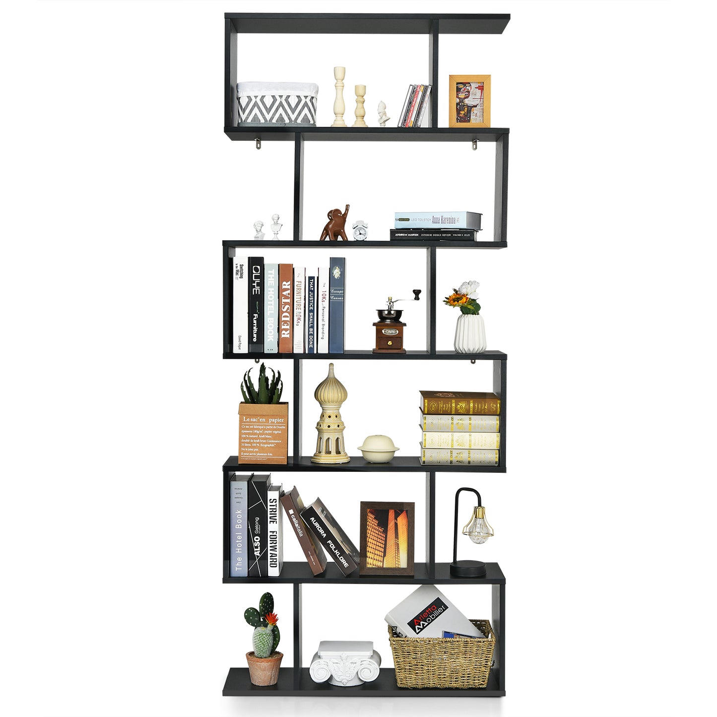 Topbuy 6-Tier S-Shaped Wooden Bookshelf Storage Bookcase Multifunctional  Display Stand Shelf Coffee/White/Black