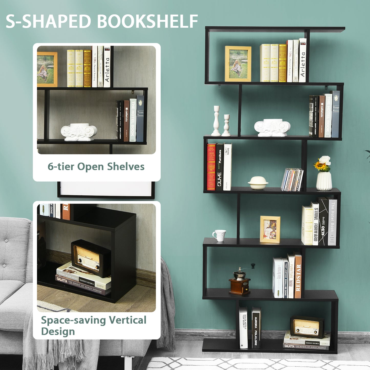 Topbuy 6-Tier S-Shaped Wooden Bookshelf Storage Bookcase Multifunctional  Display Stand Shelf Coffee/White/Black