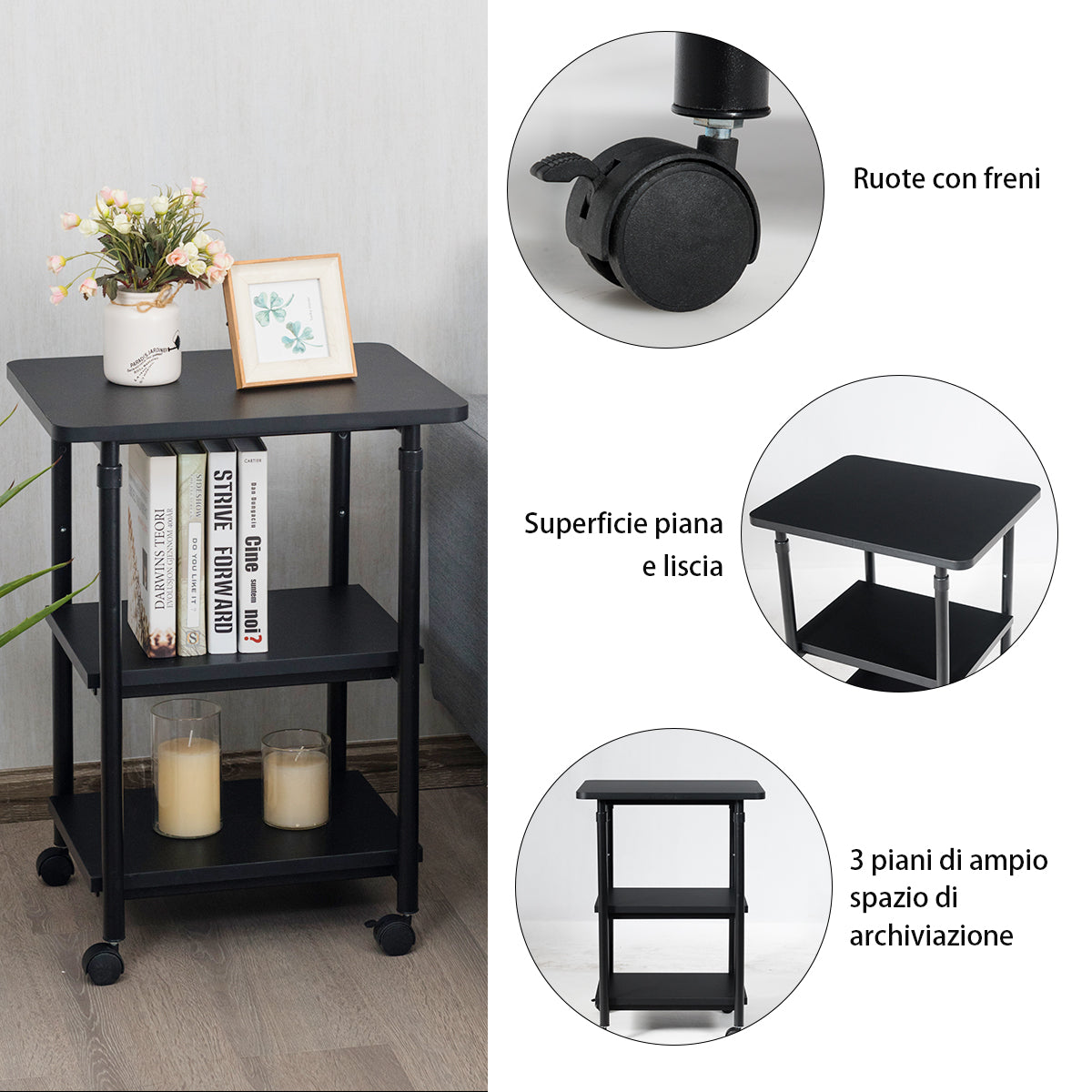 Topbuy 3-Tier Adjustable Rolling Under Desk Printer Cart with 3 Storage Shelves Printer Stand for home office Brown/Black/White
