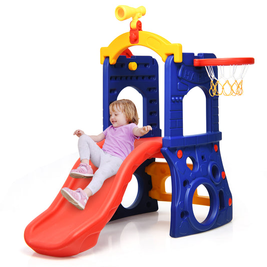 Topbuy 6-in-1 Freestanding Kids Toddler Slide Set with Basketball Hoop&Ring Toss Indoor&Outdoor
