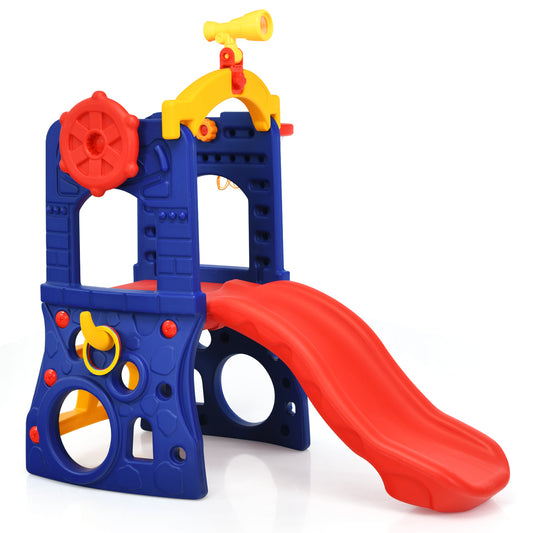 Topbuy 6-in-1 Freestanding Kids Toddler Slide Set with Basketball Hoop&Ring Toss Indoor&Outdoor
