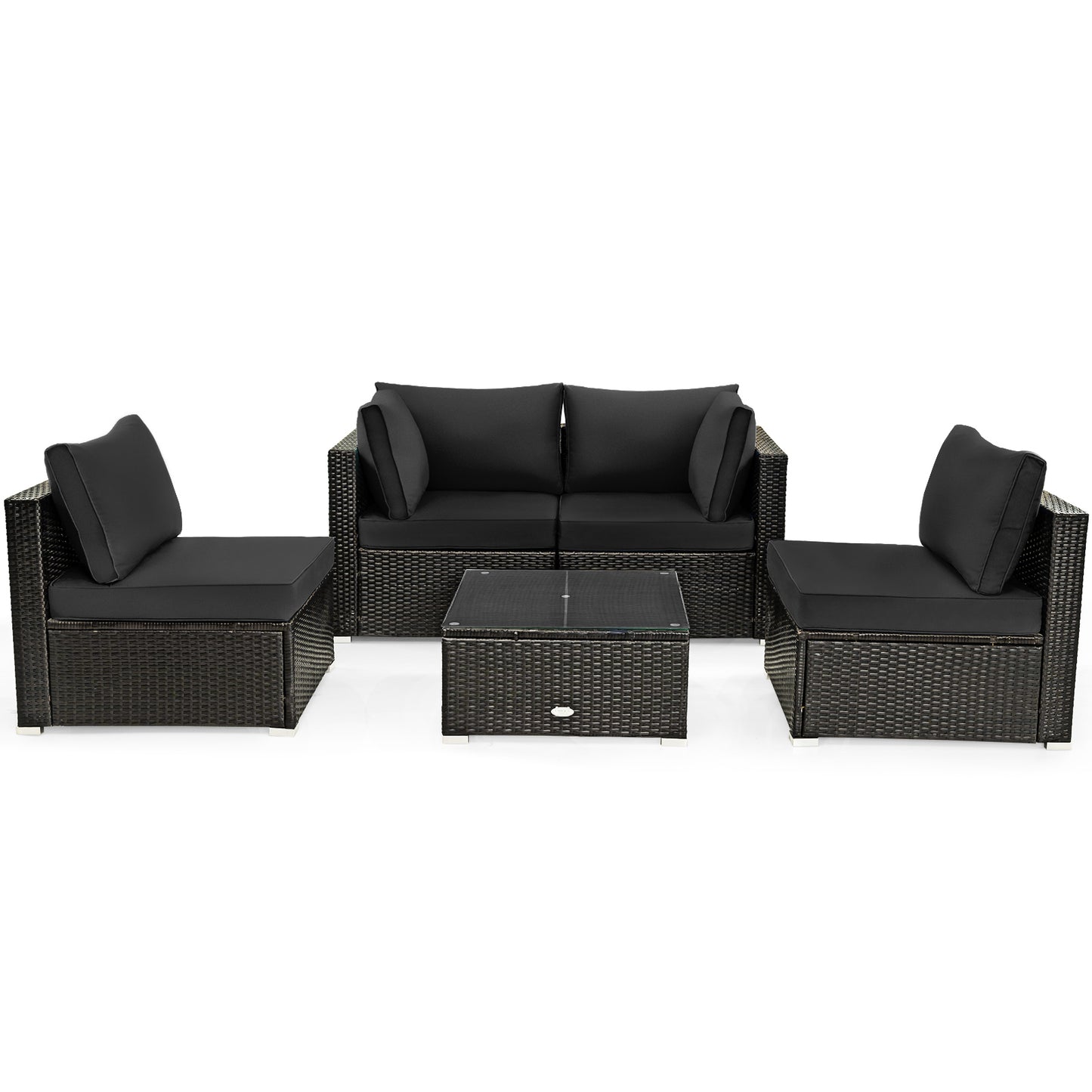 Patiojoy 5PCS Rattan Patio Furniture Set Cushioned Sofa Chair Coffee Table Set Easy Assemble White/Red/Turquoise/Navy/Black