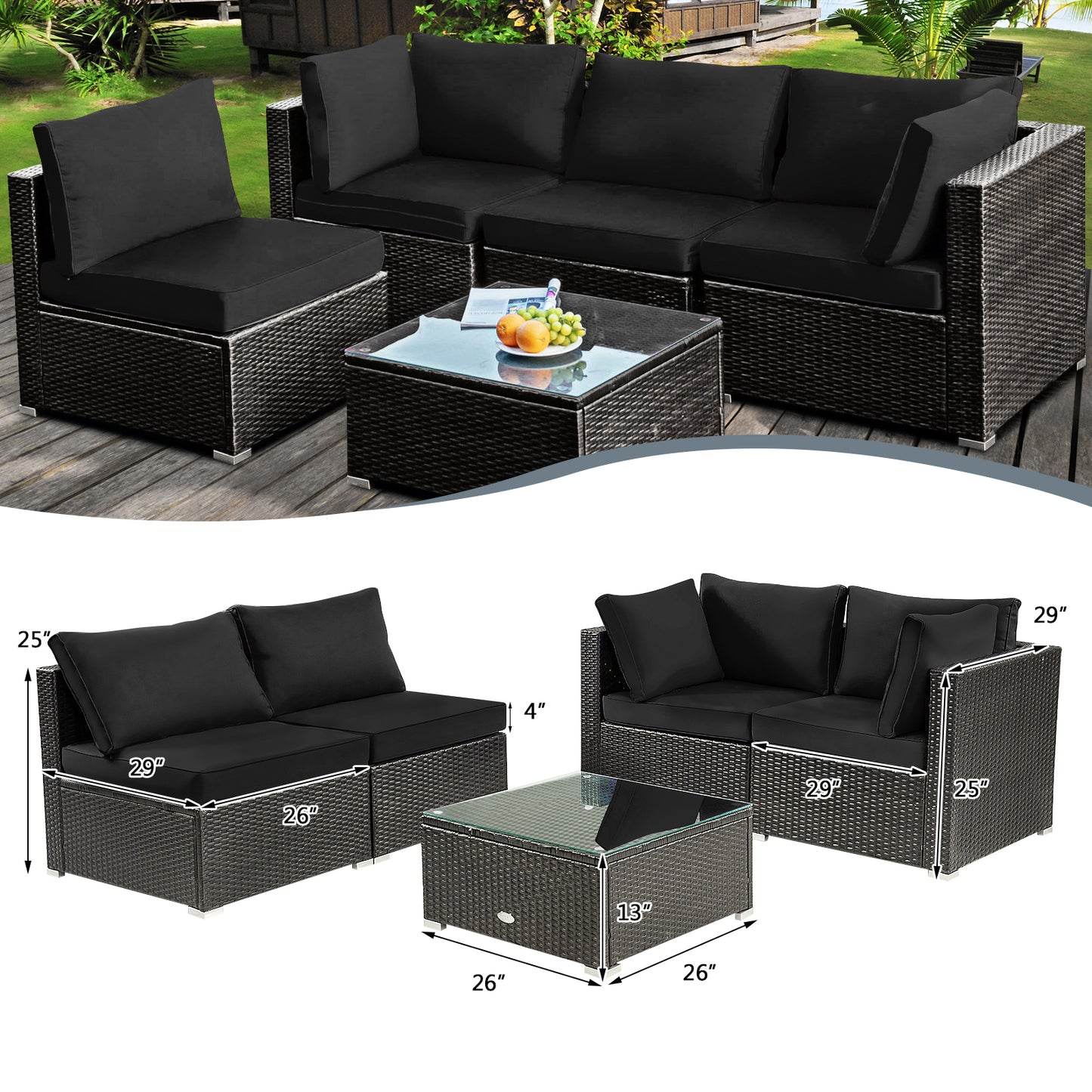 Patiojoy 5PCS Rattan Patio Furniture Set Cushioned Sofa Chair Coffee Table Set Easy Assemble White/Red/Turquoise/Navy/Black