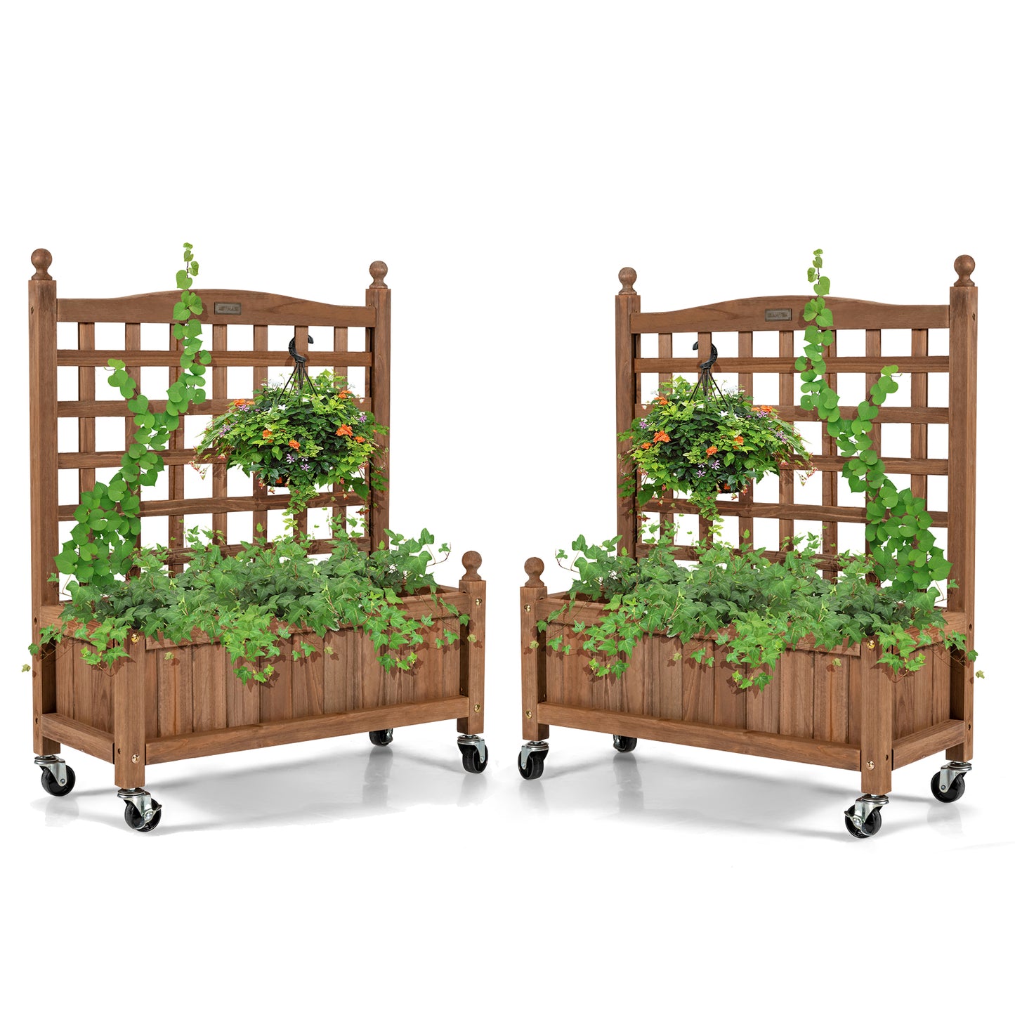 Topbuy 2PC 32in Wood Planter Box with Trellis and Wheels Mobile Plant Raised Bed for Indoor&Outdoor