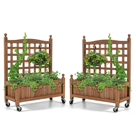 Topbuy 2PC 32in Wood Planter Box with Trellis and Wheels Mobile Plant Raised Bed for Indoor&Outdoor