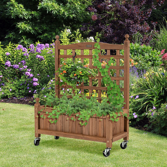 Topbuy 2PC 32in Wood Planter Box with Trellis and Wheels Mobile Plant Raised Bed for Indoor&Outdoor
