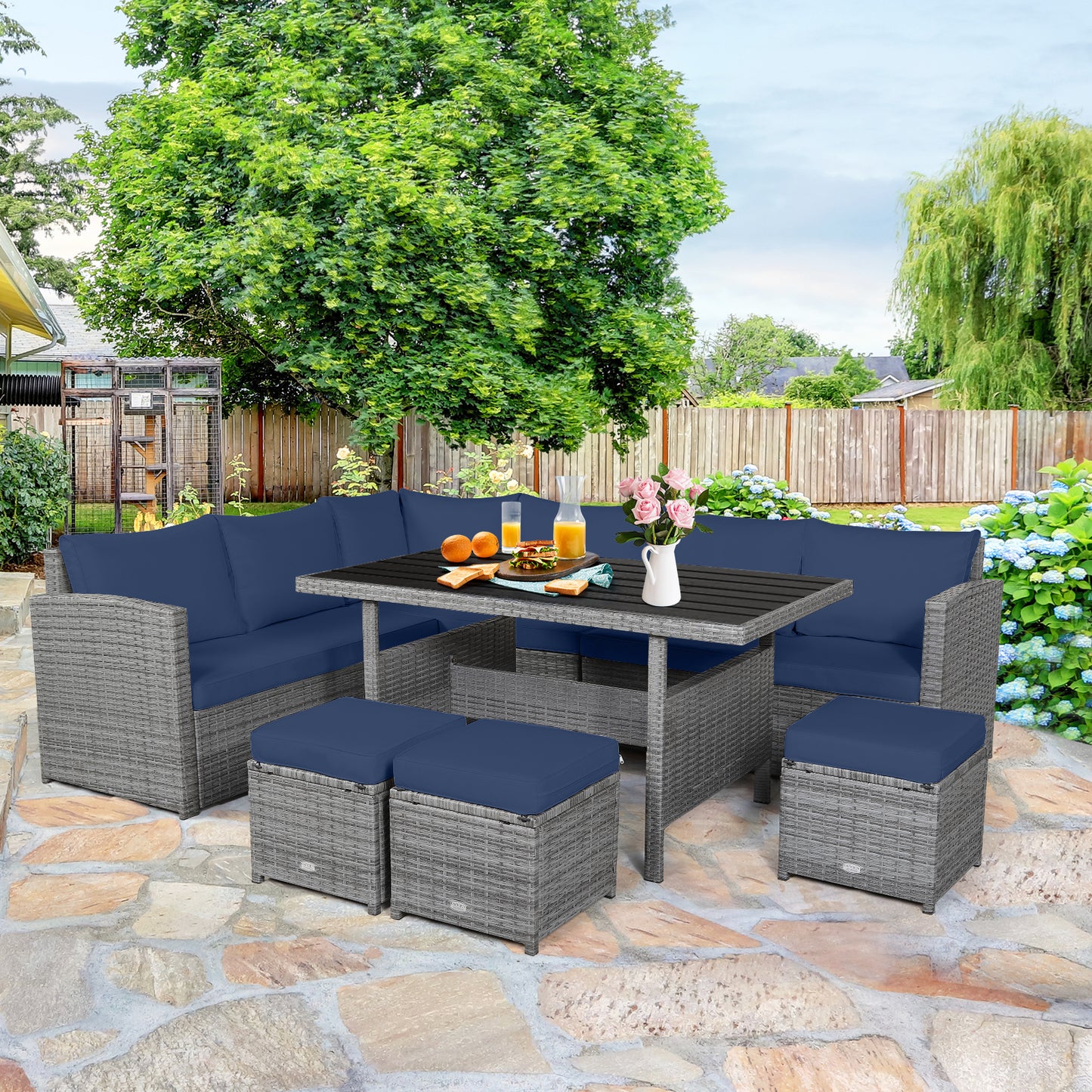 Patiojoy Outdoor Wicker Coversation Set 7 Piece with Black/Red/Turquoise/White/Gray/Navy Cushions