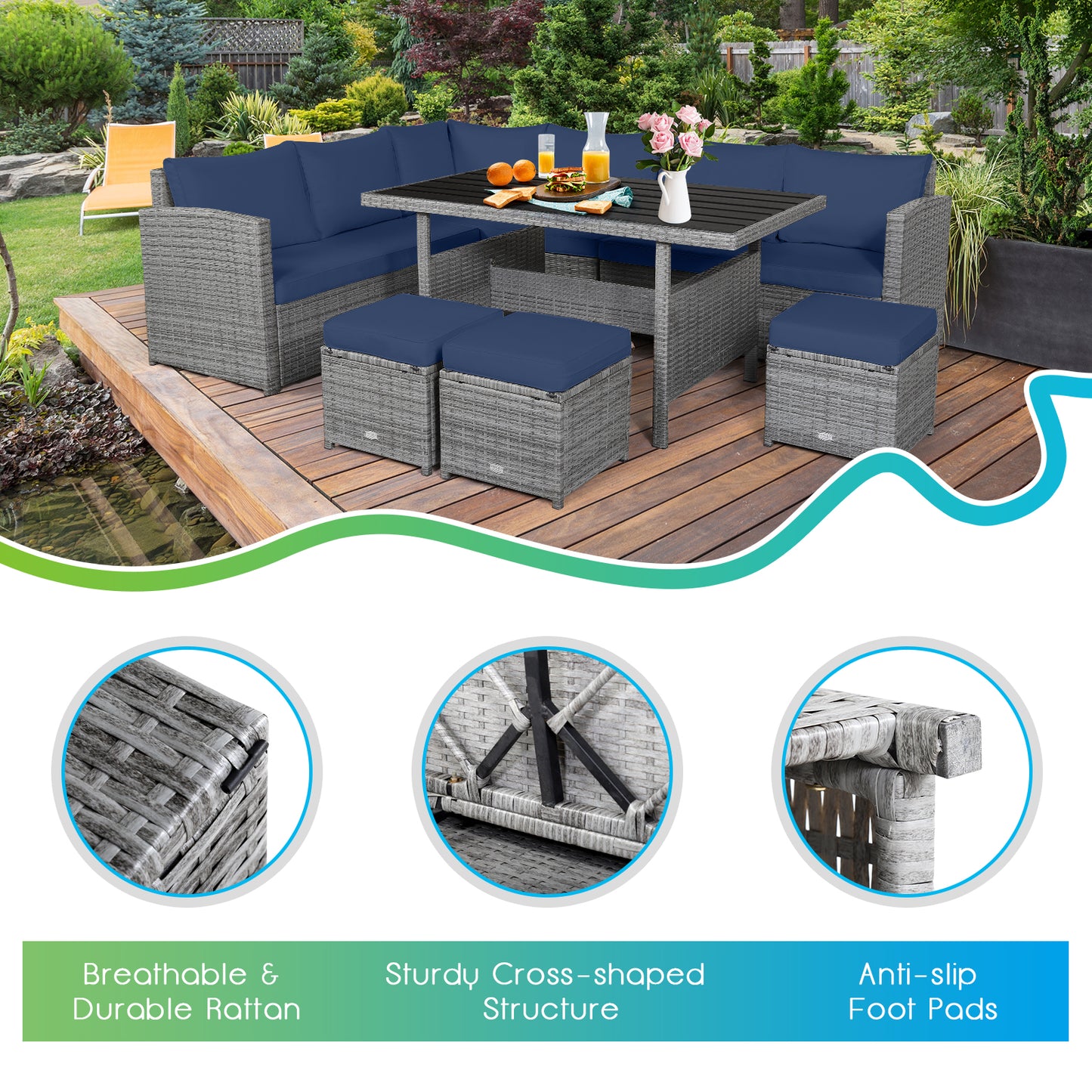 Patiojoy Outdoor Wicker Coversation Set 7 Piece with Black/Red/Turquoise/White/Gray/Navy Cushions