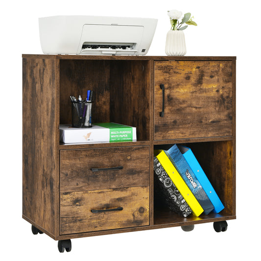Topbuy Mobile File Cabinet with 2 Drawers Lateral Printer Stand with Shelves Storage Brown/White