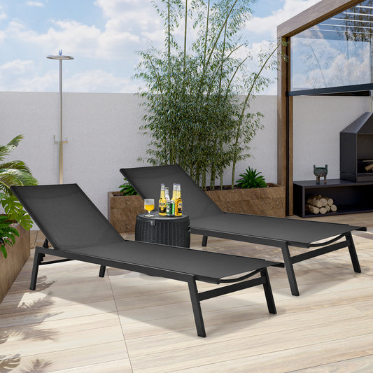 Patiojoy 2PC Patio Chaise Lounger with 6-Postion Adjustable Backrest and Breathable Fabric Black