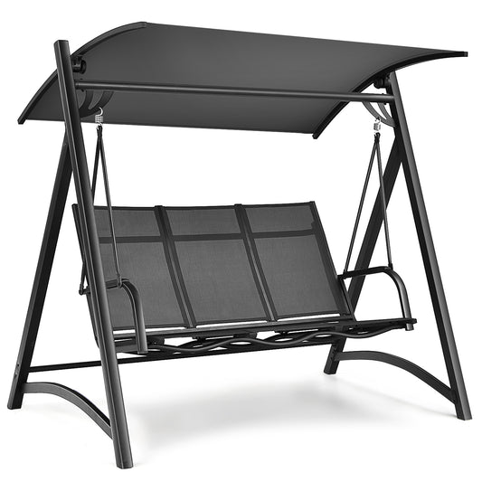 Patiojoy 3-Person Outdoor Porch Swing Chair with Adjustable Canopy Aluminum Frame Patio Swing