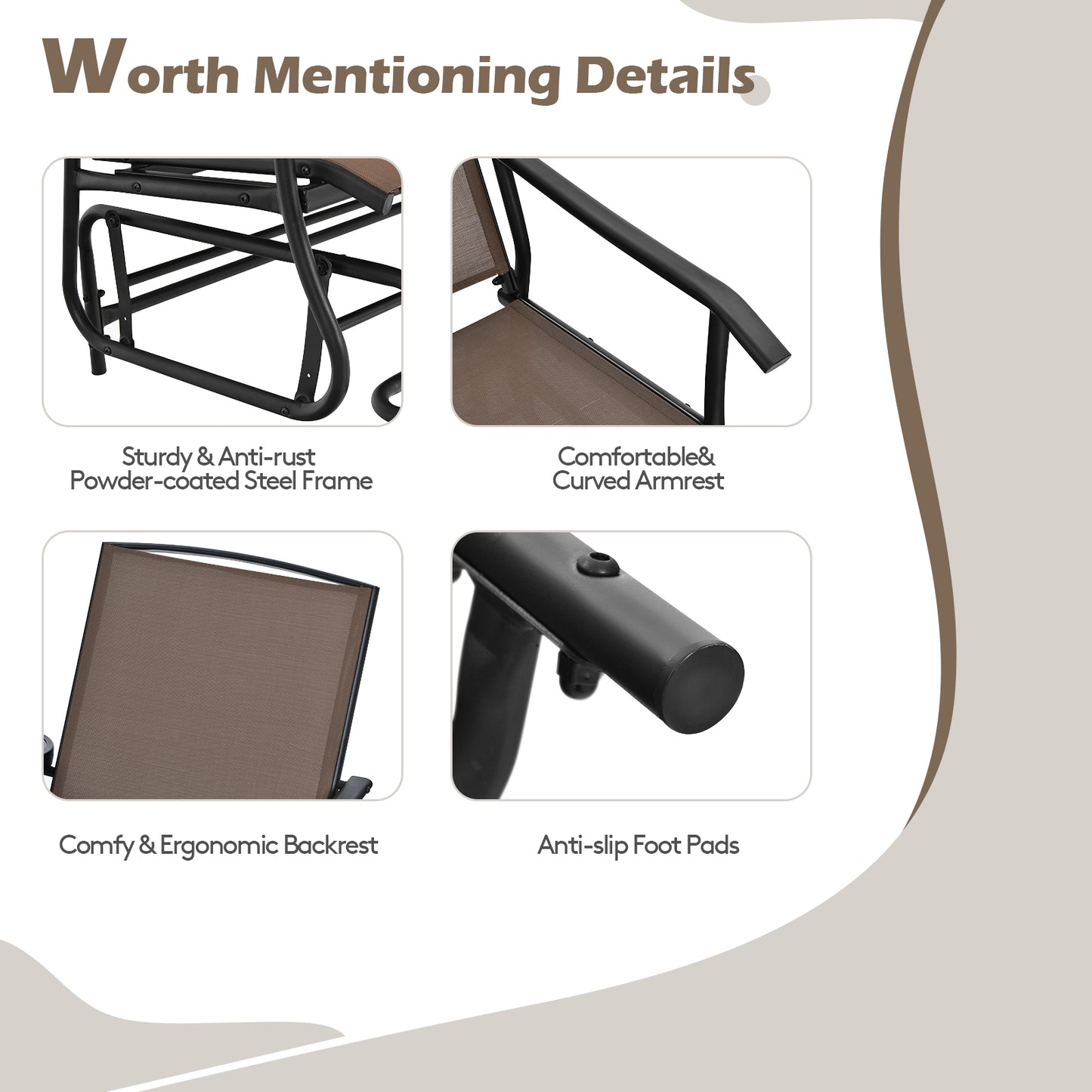 Patiojoy Turquoise/Gray/Beige/Brown/Black Patio Loveseat Rocking 2 Person Outdoor Double Glider Chair With Center Table