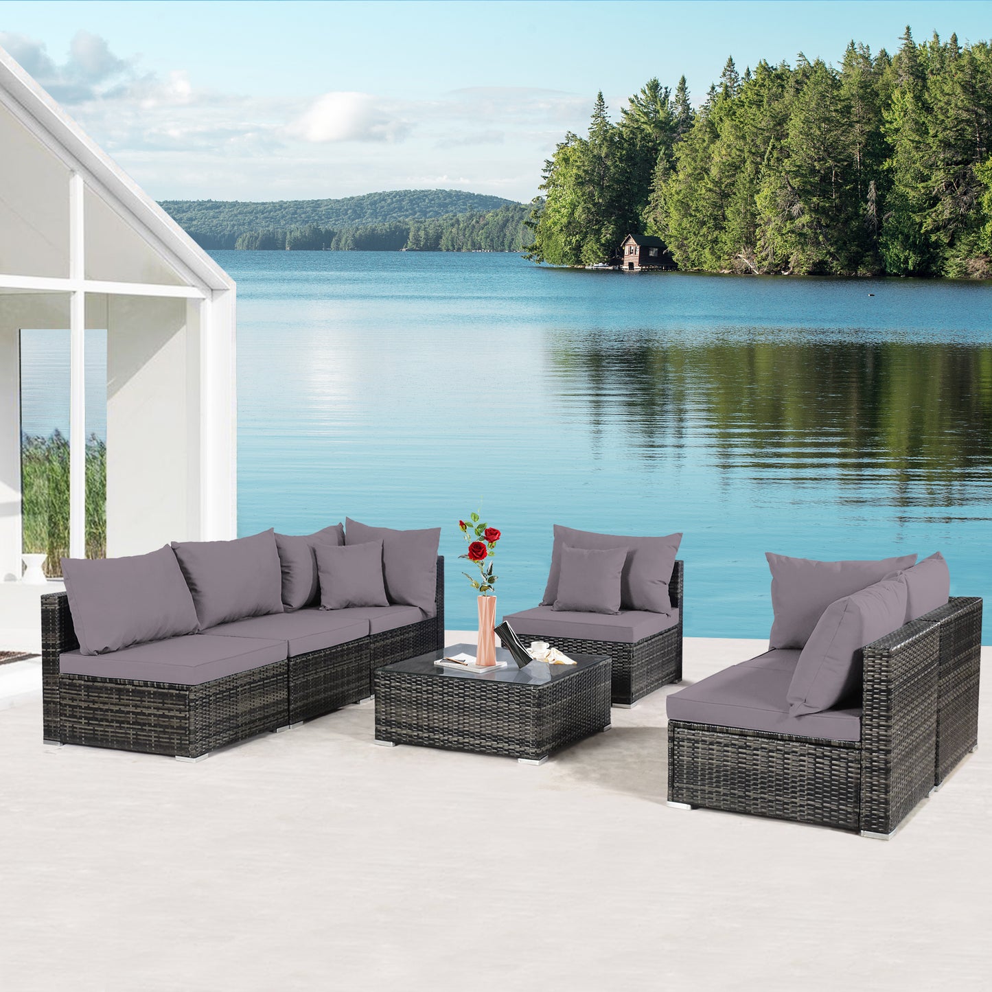 Patiojoy 7 PCS Outdoor Patio Furniture Set All-Weather PE Rattan Sofa Set w/Coffee Table & Cushions Black/Grey/Off Wihte/Red/Navy/Turquoise