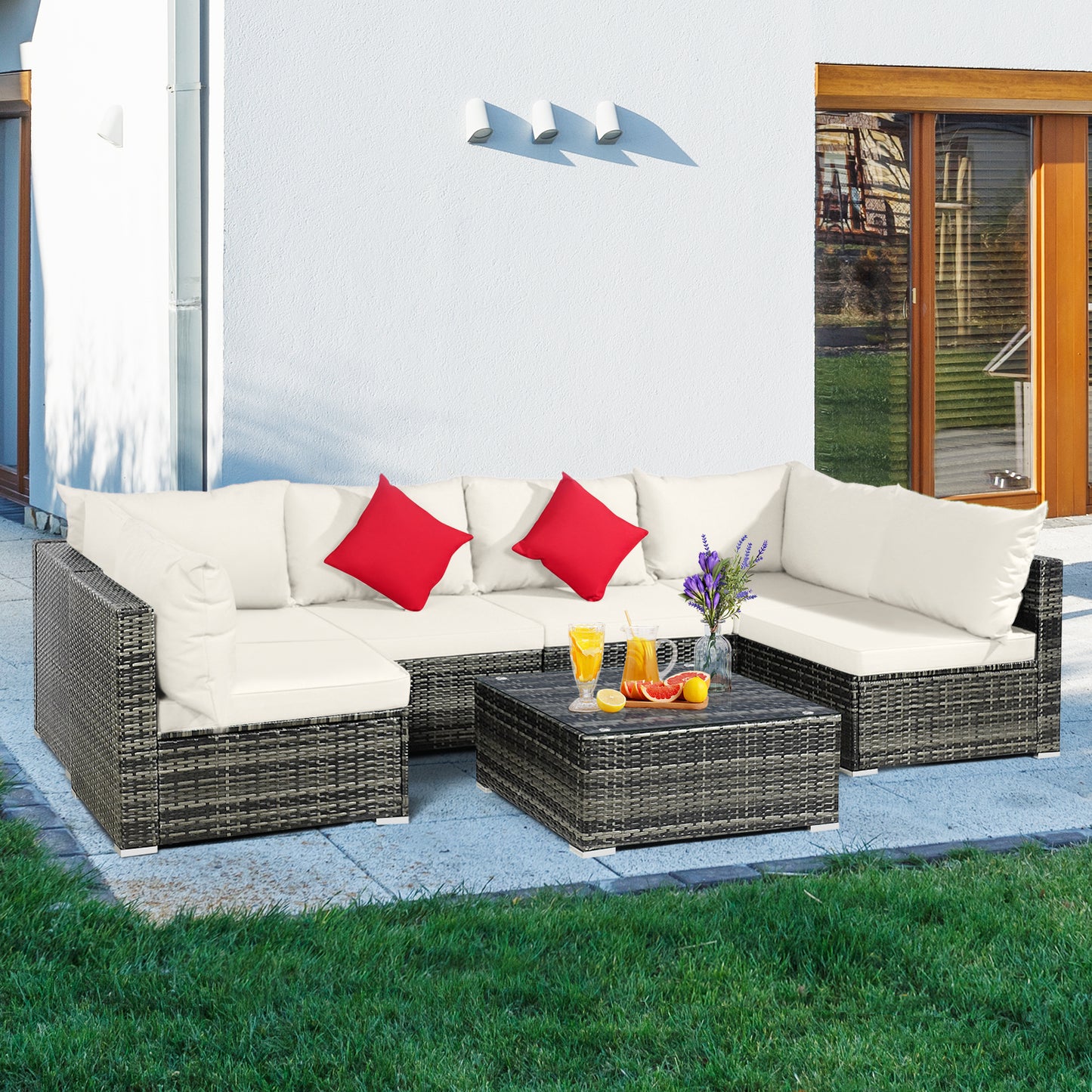 Patiojoy 7 PCS Outdoor Patio Furniture Set All-Weather PE Rattan Sofa Set w/Coffee Table & Cushions Black/Grey/Off Wihte/Red/Navy/Turquoise
