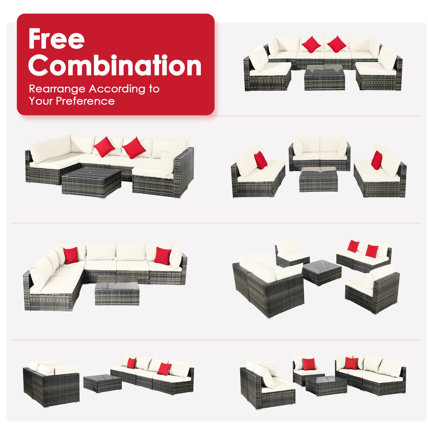 Patiojoy 7 PCS Outdoor Patio Furniture Set All-Weather PE Rattan Sofa Set w/Coffee Table & Cushions Black/Grey/Off Wihte/Red/Navy/Turquoise
