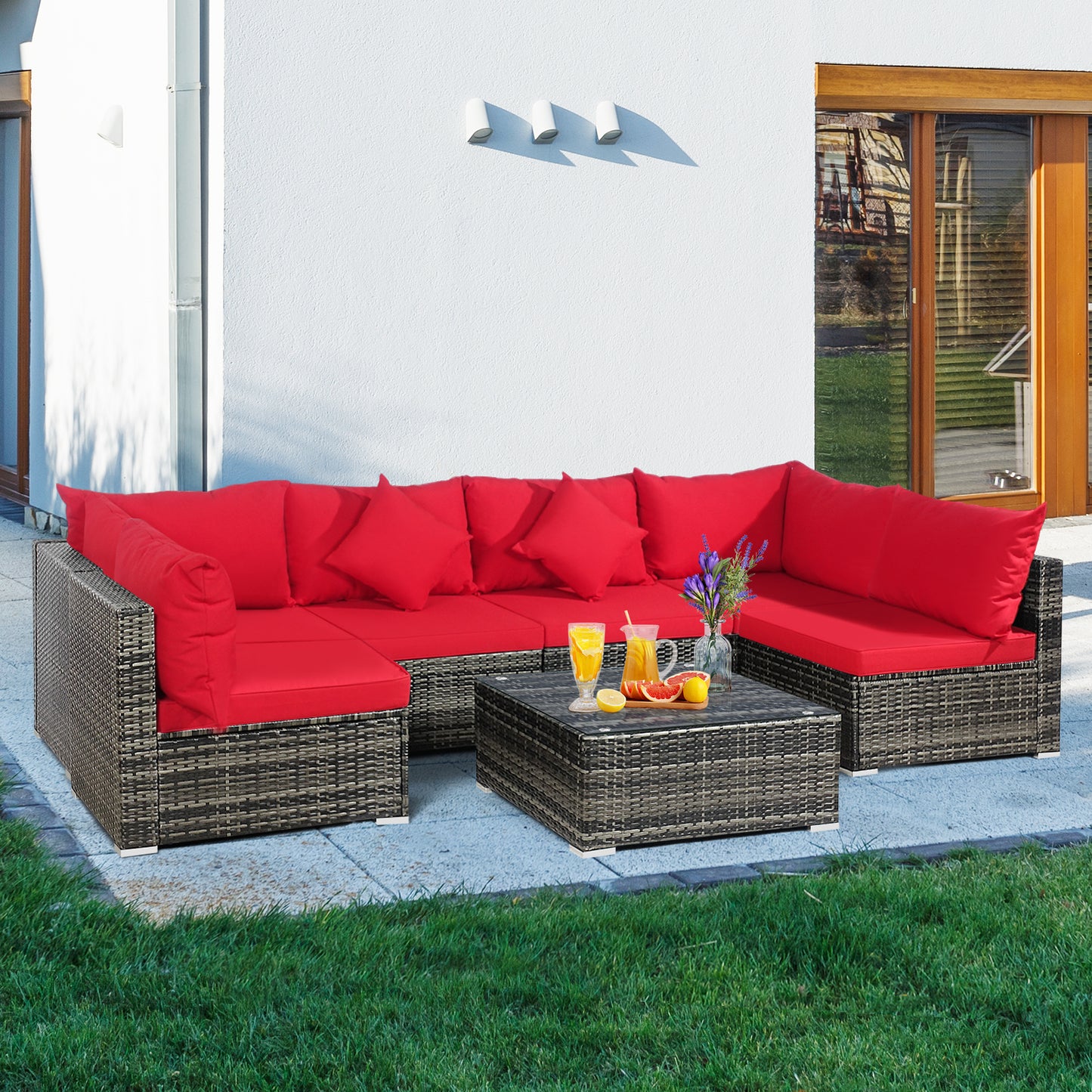 Patiojoy 7 PCS Outdoor Patio Furniture Set All-Weather PE Rattan Sofa Set w/Coffee Table & Cushions Black/Grey/Off Wihte/Red/Navy/Turquoise