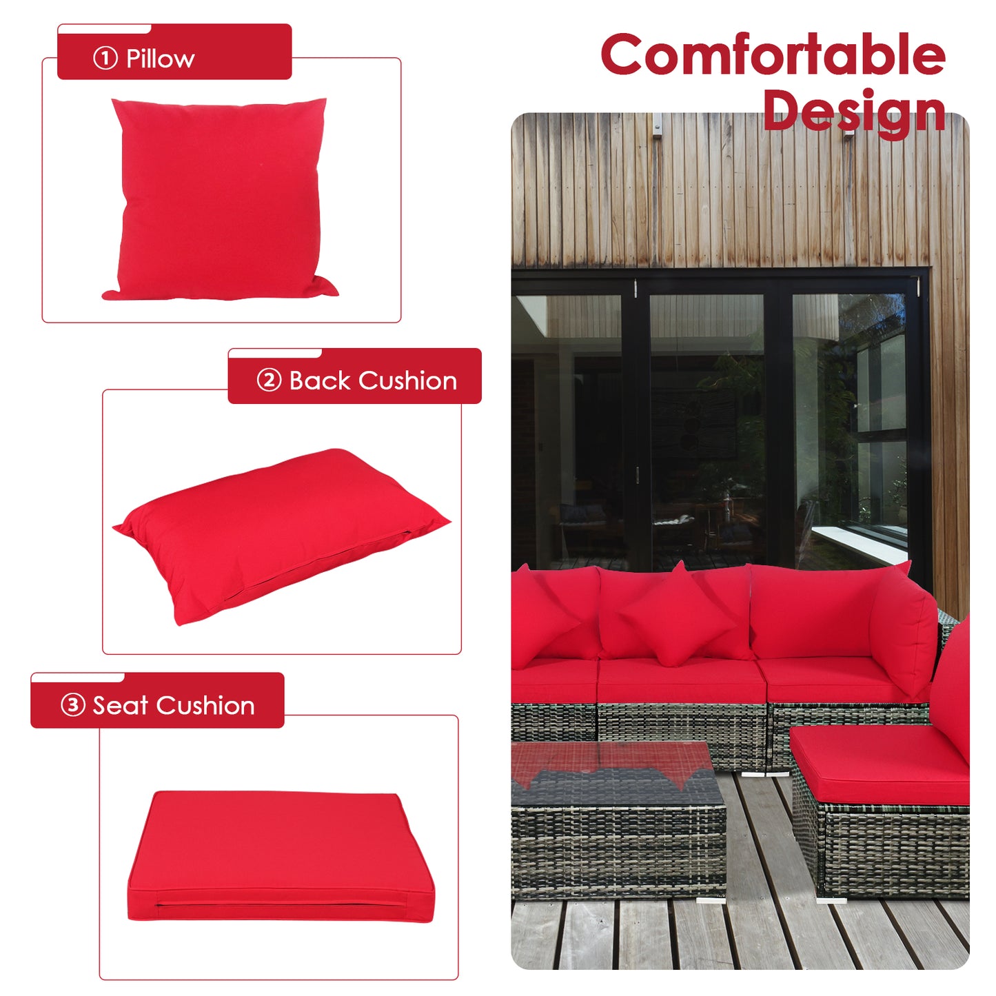 Patiojoy 7 PCS Outdoor Patio Furniture Set All-Weather PE Rattan Sofa Set w/Coffee Table & Cushions Black/Grey/Off Wihte/Red/Navy/Turquoise