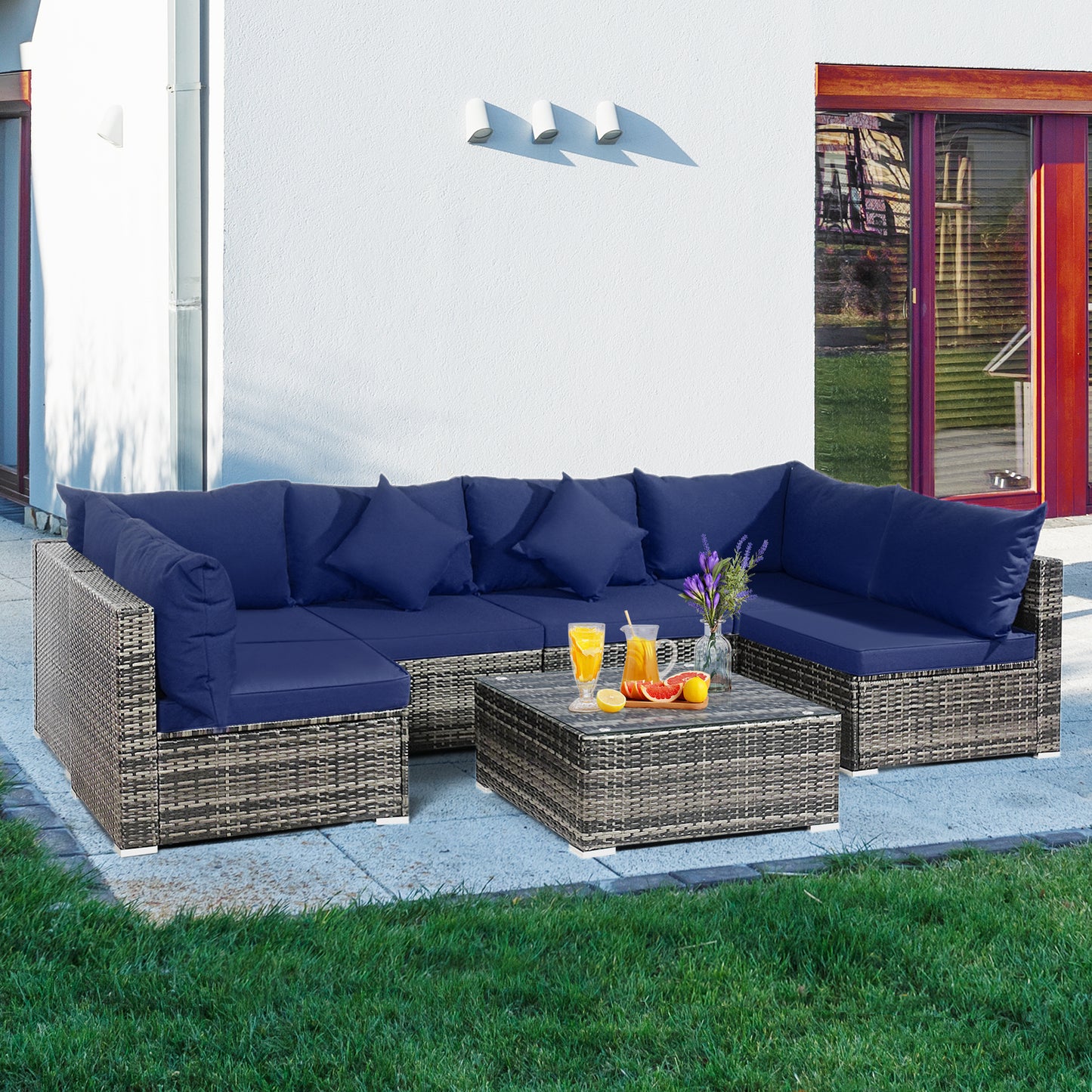 Patiojoy 7 PCS Outdoor Patio Furniture Set All-Weather PE Rattan Sofa Set w/Coffee Table & Cushions Black/Grey/Off Wihte/Red/Navy/Turquoise