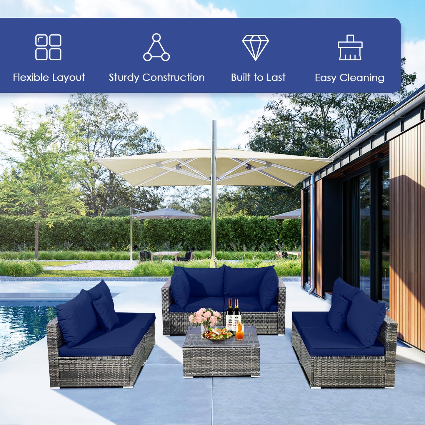 Patiojoy 7 PCS Outdoor Patio Furniture Set All-Weather PE Rattan Sofa Set w/Coffee Table & Cushions Black/Grey/Off Wihte/Red/Navy/Turquoise