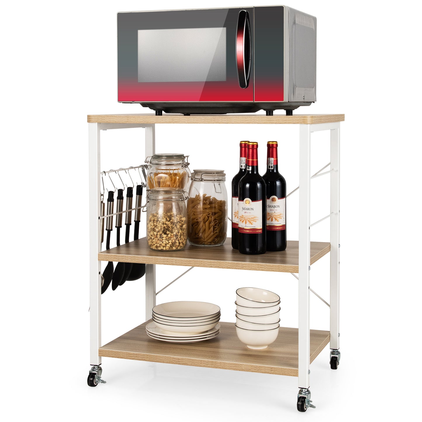 Topbuy Kitchen Baker's Rack 3-Tier Microwave Cart with Wheels&10 Hooks Rustic Brown/Maple/Rustic Vintage/Nut Brown