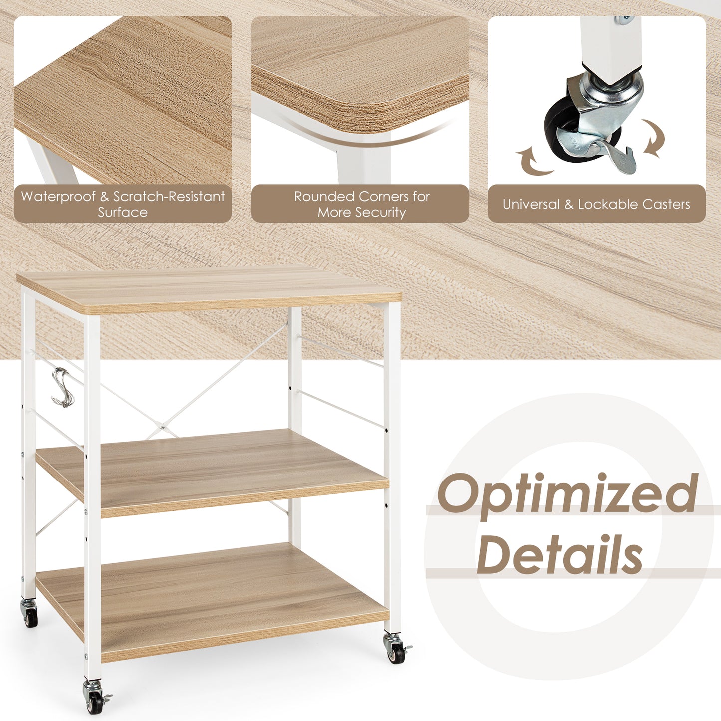 Topbuy Kitchen Baker's Rack 3-Tier Microwave Cart with Wheels&10 Hooks Rustic Brown/Maple/Rustic Vintage/Nut Brown