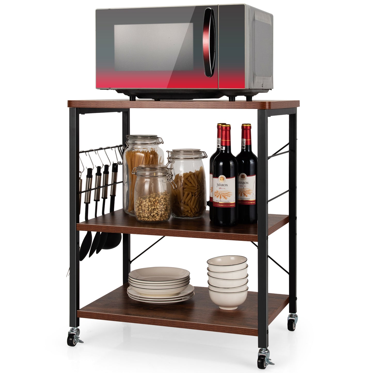 Topbuy Kitchen Baker's Rack 3-Tier Microwave Cart with Wheels&10 Hooks Rustic Brown/Maple/Rustic Vintage/Nut Brown