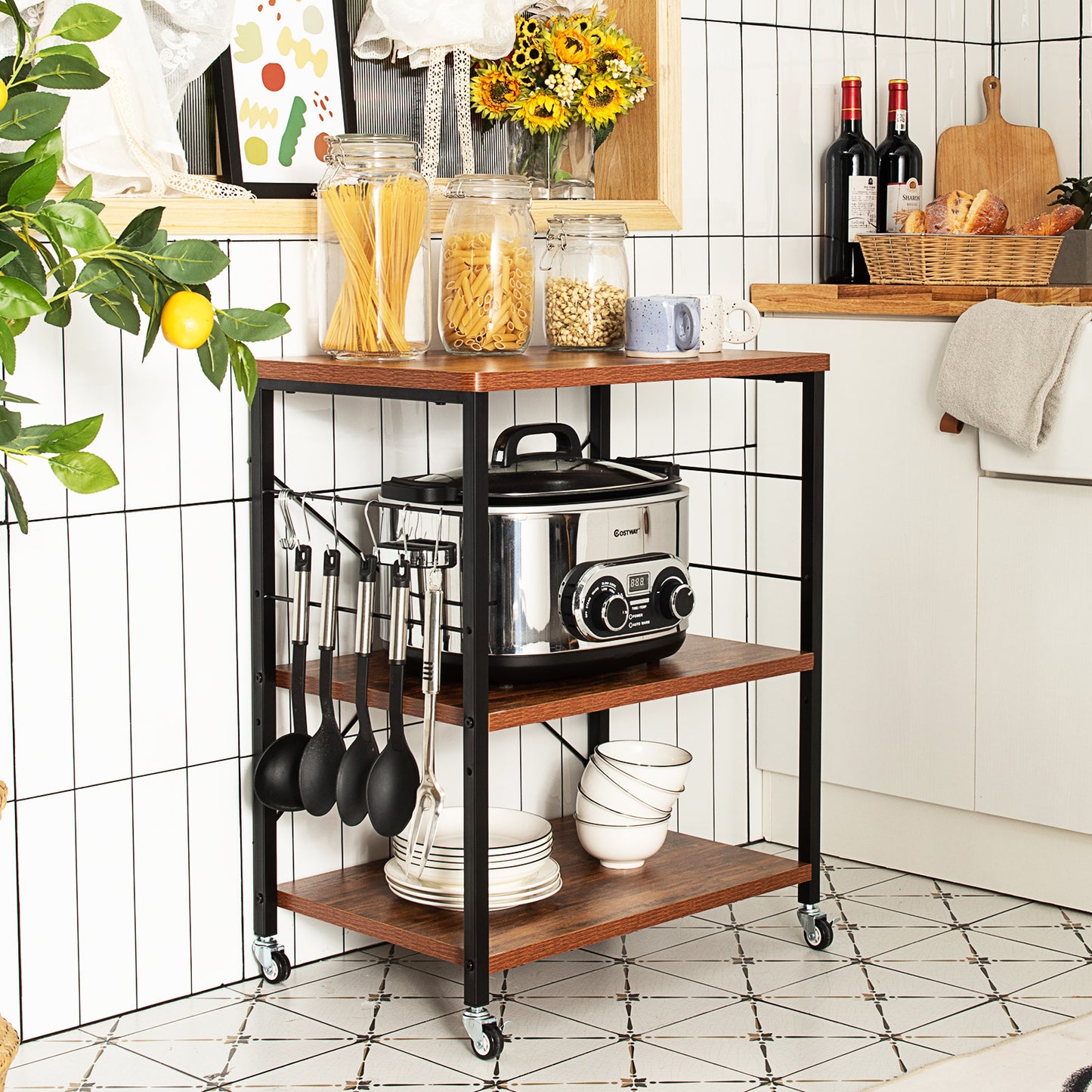 Topbuy Kitchen Baker's Rack 3-Tier Microwave Cart with Wheels&10 Hooks Rustic Brown/Maple/Rustic Vintage/Nut Brown