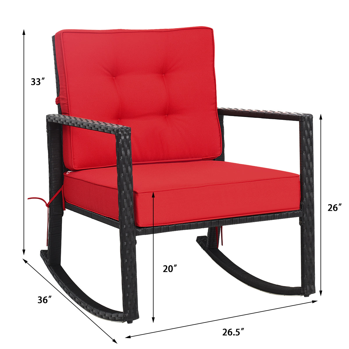 Patiojoy Outdoor Wicker Rocking Chair Glider Rattan Rocker Recliner with Red/Orange/Black/Grey/Navy/Turquoise Cushion
