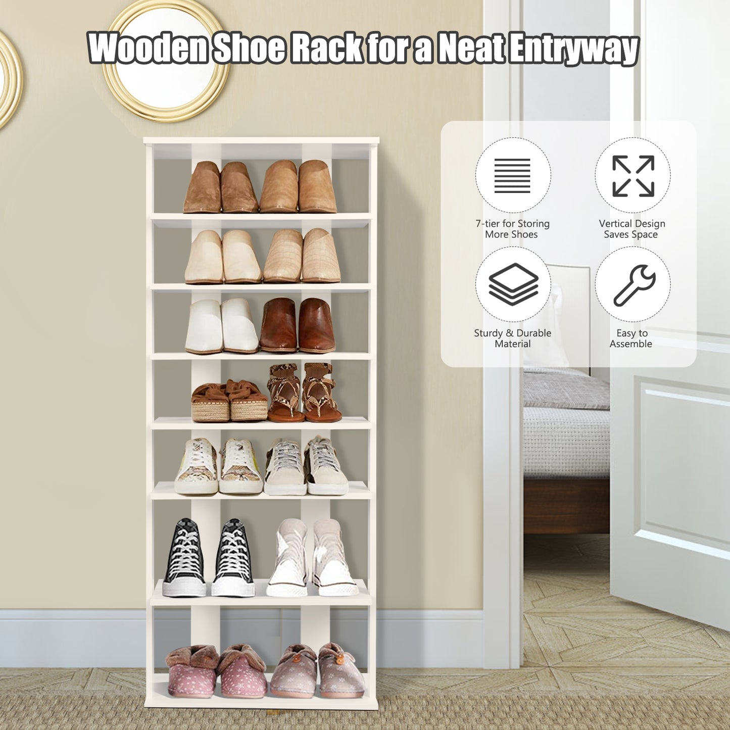 Topbuy 7-Tier Shoe Rack Free Standing Shelf Storage Modern Shoe Rack Organizer Brown/Black/White