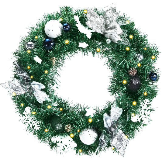 Topbuy 20'' Christmas Wreath, Pre-lit Xmas Wreath with 30 Warm White LED Lights & 25 PCS Ornaments