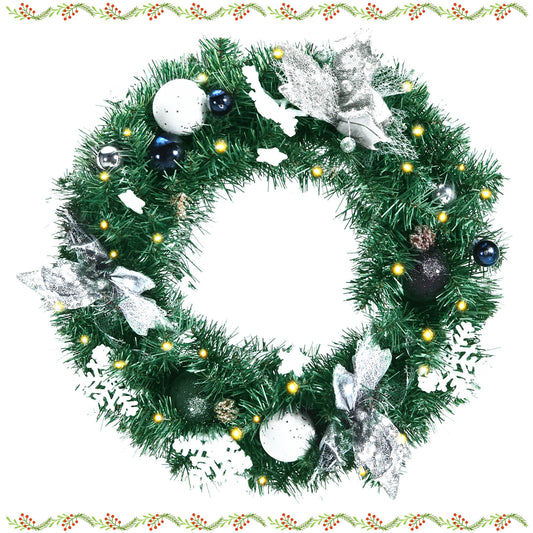 Topbuy 20'' Christmas Wreath, Pre-lit Xmas Wreath with 30 Warm White LED Lights & 25 PCS Ornaments