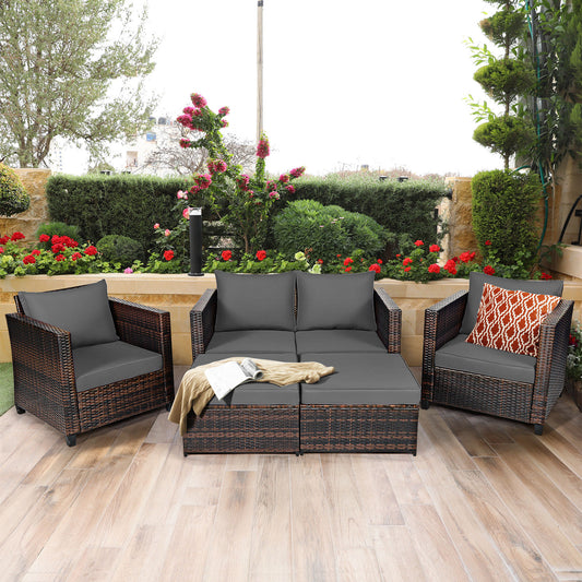 Patiojoy Outdoor Wicker Coversation Set with Removable Cushions Gray/Black/White/Navy/Red/Turquoise 5 Piece